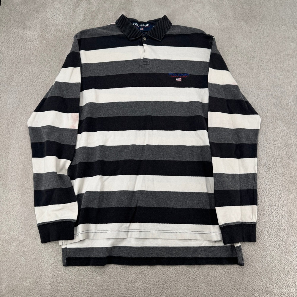 Vintage Polo Sport Ralph Lauren Mens Medium Black Grey Stripe Polo Preowned Flaw